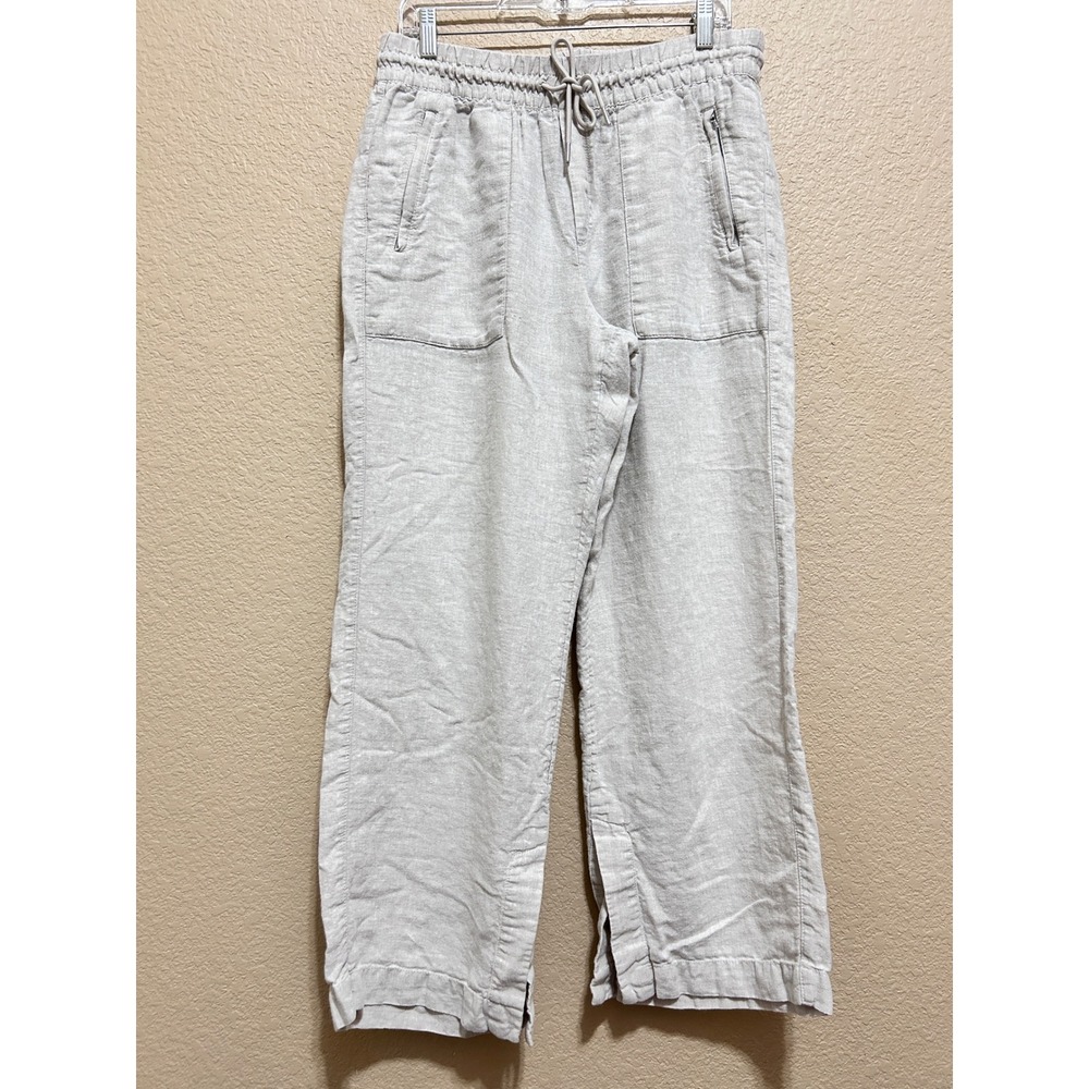 Athleta M Linen Wide Leg Pants Oatmeal Beige Lagenlook Drawstring Relaxed Boho